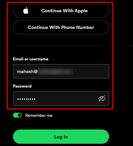 Страница входа в Spotify