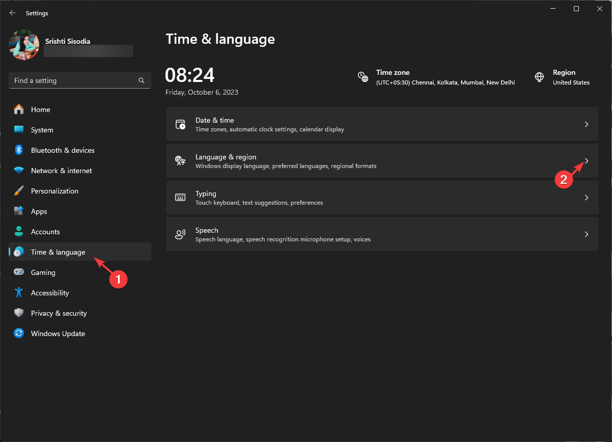 Параметры: Time & language и Language & region