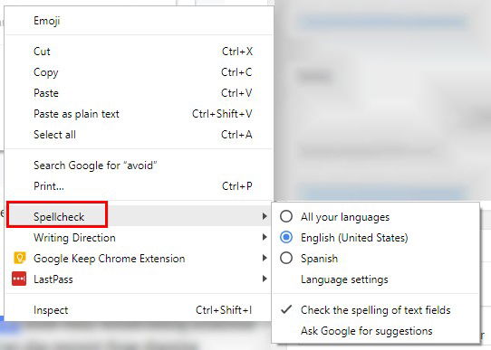 Контекстное меню проверки правописания в Chrome