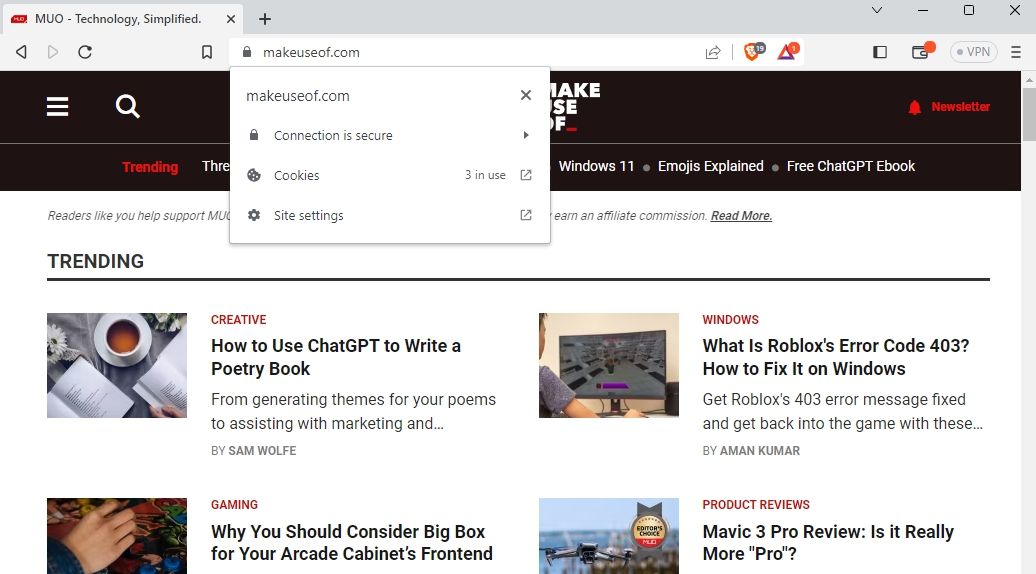 Значок замка и настройки сайта в Brave