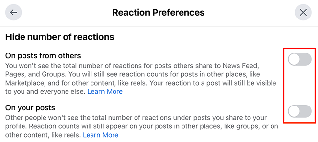 Скрытие счётчиков лайков в окне «Настройки реакций» на сайте Facebook.