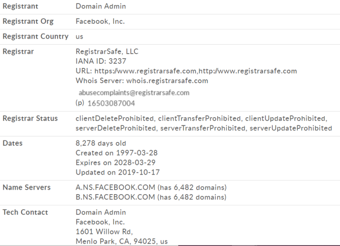 Страница WHOIS с информацией о хостинге и регистраторе