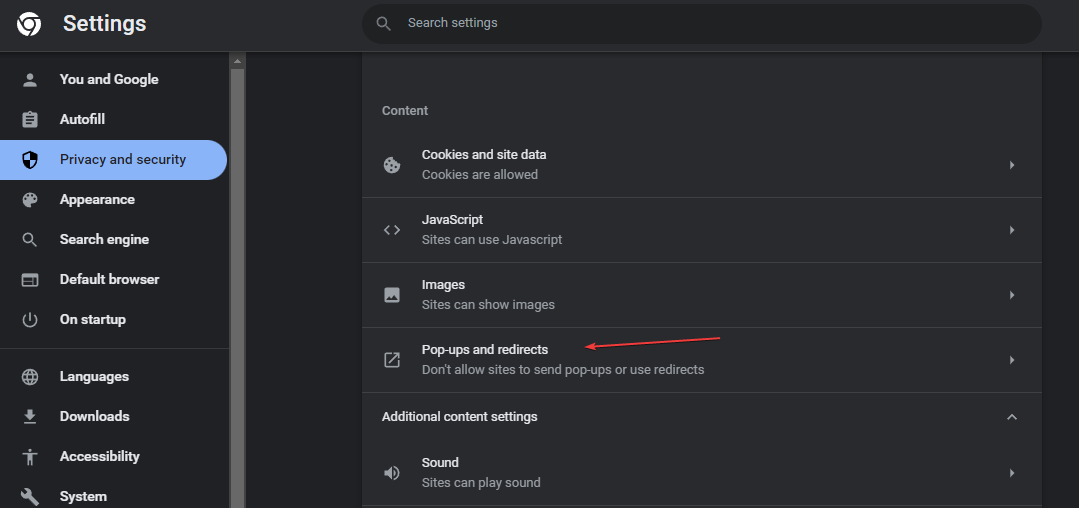 Параметр 'Всплывающие окна и перенаправления' в Chrome