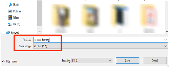 Сохранение .reg файла для восстановления шрифта по умолчанию
