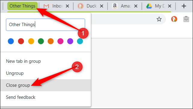 Закройте группу и все её вкладки, выбрав «Закрыть группу» в меню.