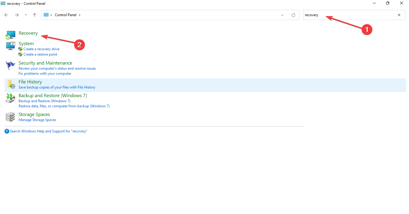 Скриншот параметра Восстановление в Панели управления