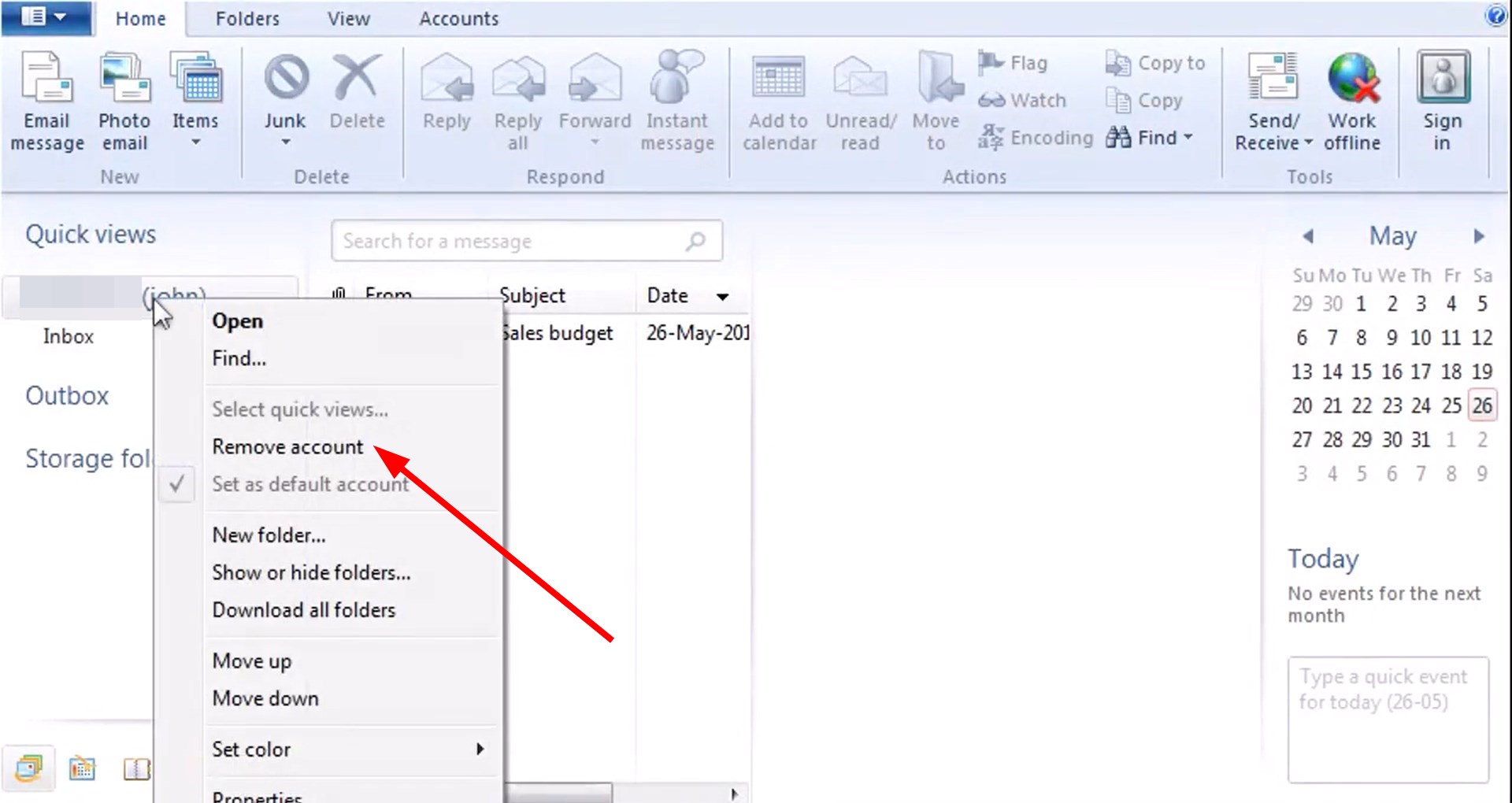 Опция 'Remove account' в контекстном меню Windows Live Mail