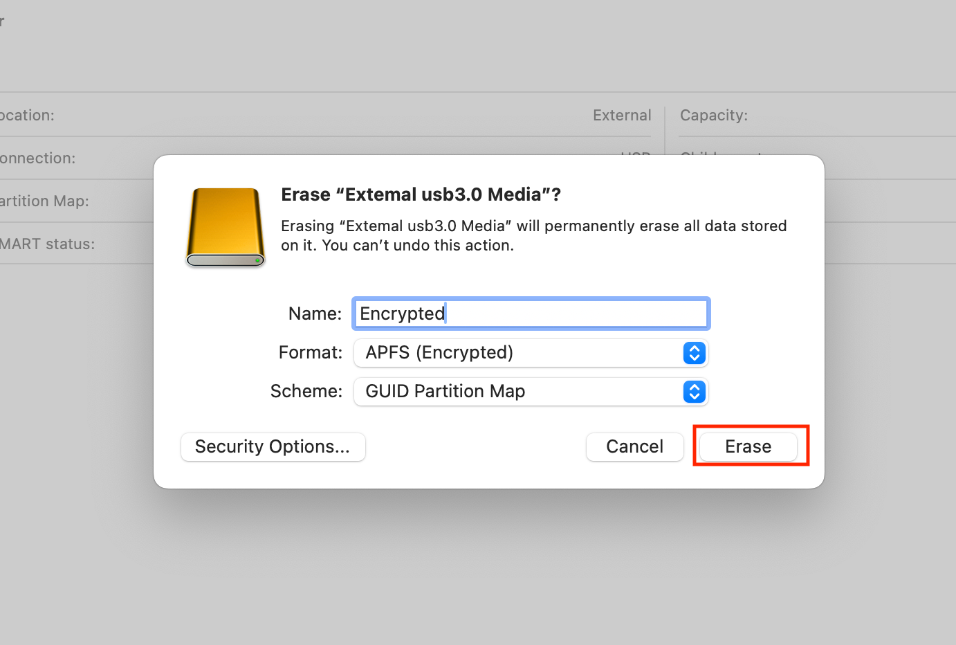 Присвоение имени новому зашифрованному диску