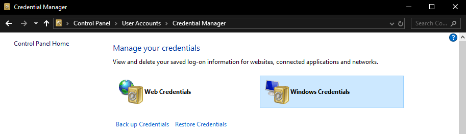 Пример записи Windows Credentials для OneDrive