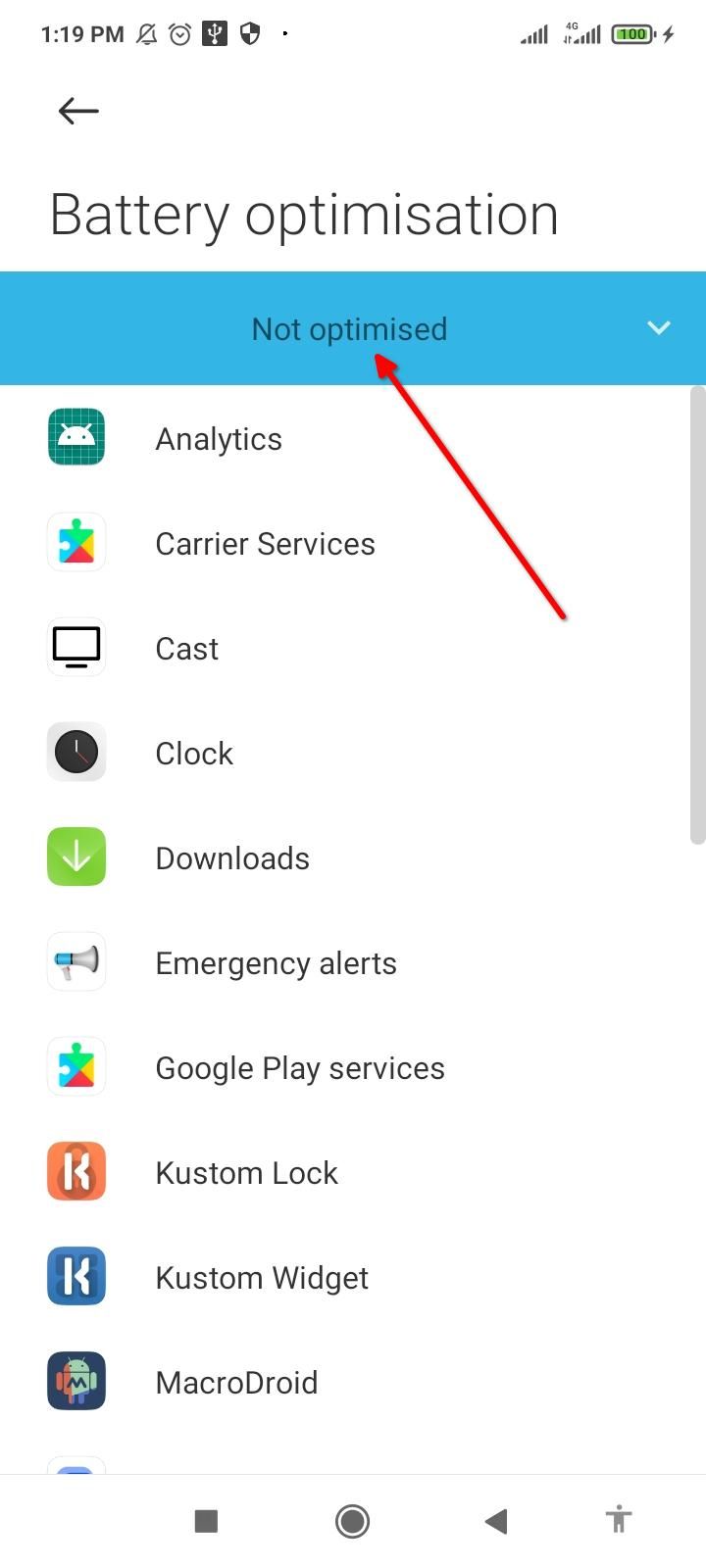 Отключение оптимизации батареи для NetGuard.