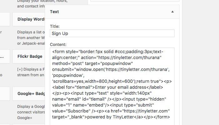 Вставка HTML-кода формы TinyLetter в текстовый виджет WordPress