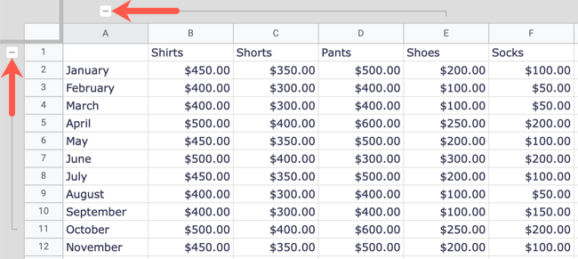 Развернутые сгруппированные строки и столбцы