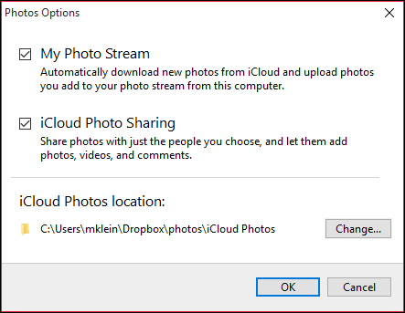 Диалог выбора расположения iCloud Photos