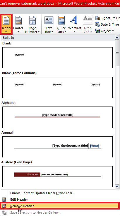 Удаление заголовка в Word