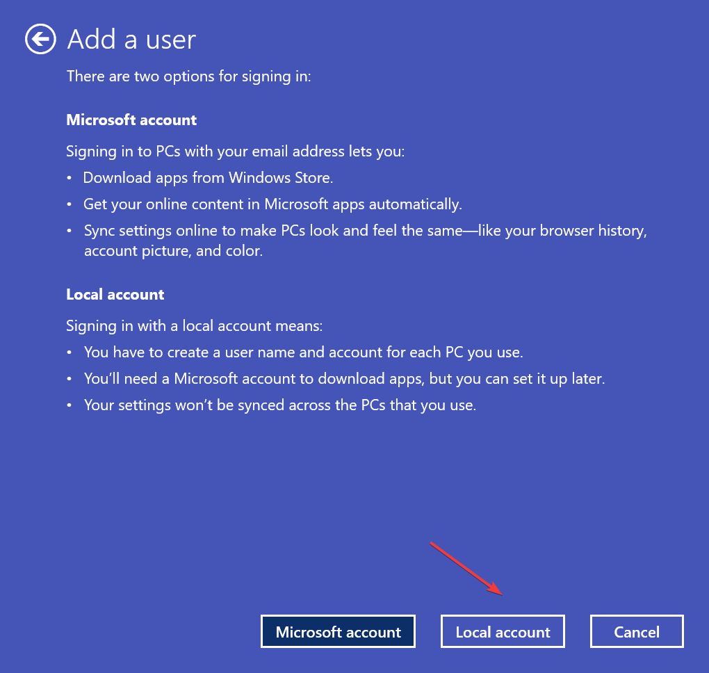 Выбор локального аккаунта