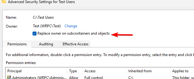 Опция заменить владельца для вложенных объектов