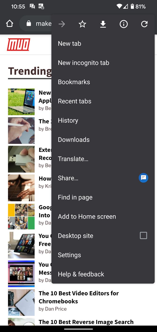 Меню Chrome на Android