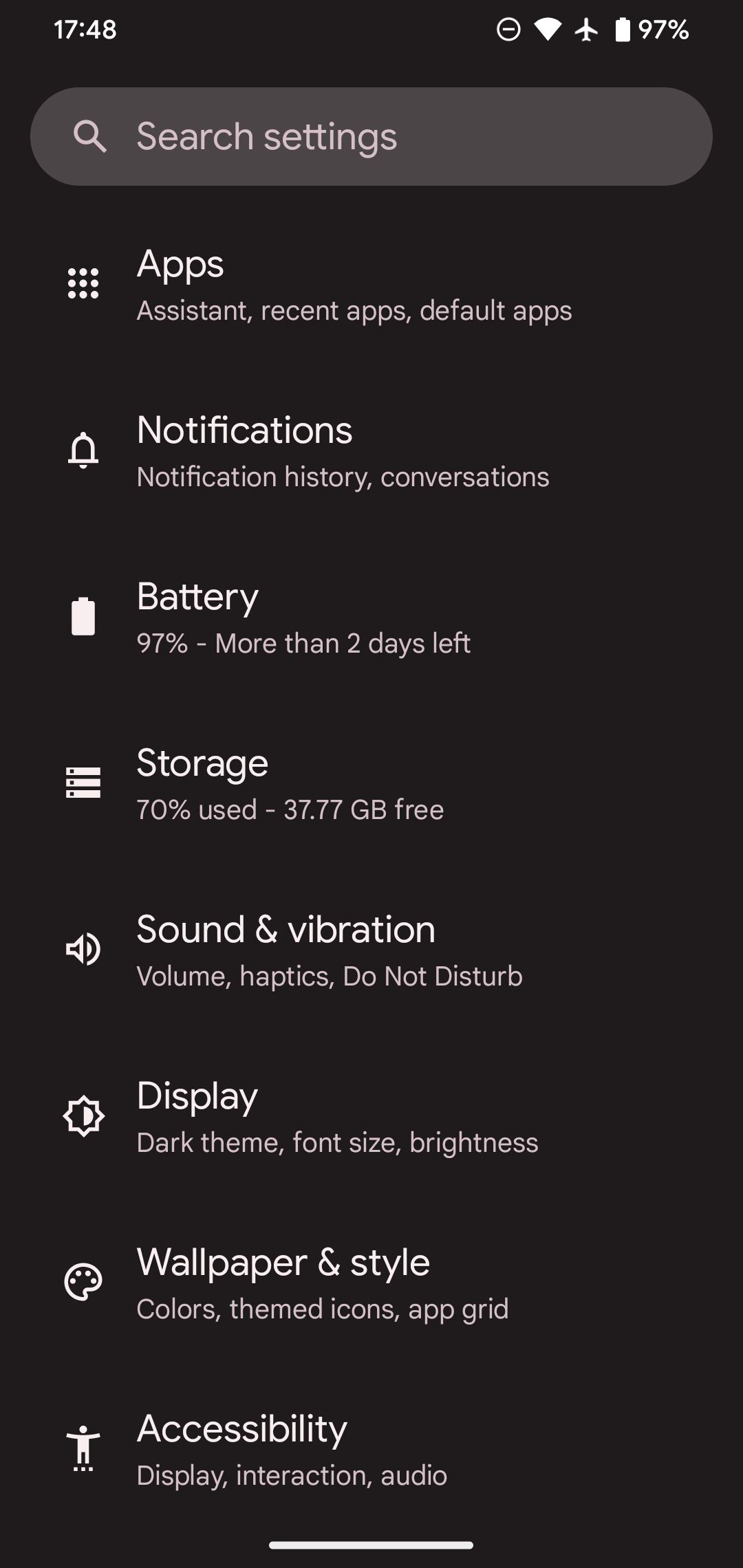 Меню настроек Android 13