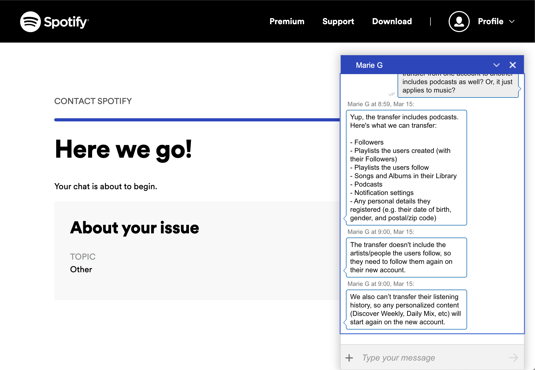 Процесс передачи данных между аккаунтами в поддержке Spotify
