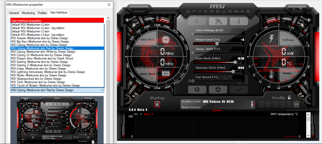 Настройки интерфейса MSI Afterburner для выбора скина и параметров
