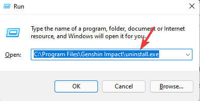 Вставка скопированного пути UninstallString в окно Выполнить