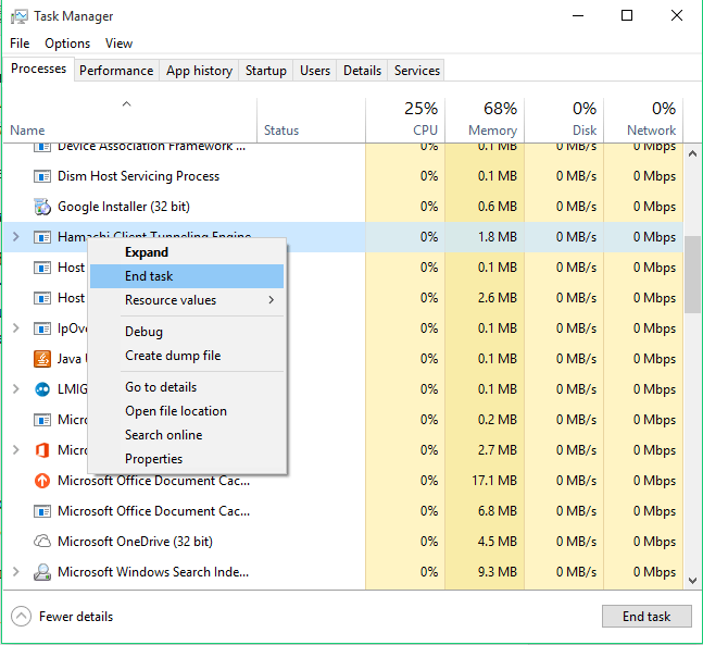 скриншот диспетчера задач с активными процессами