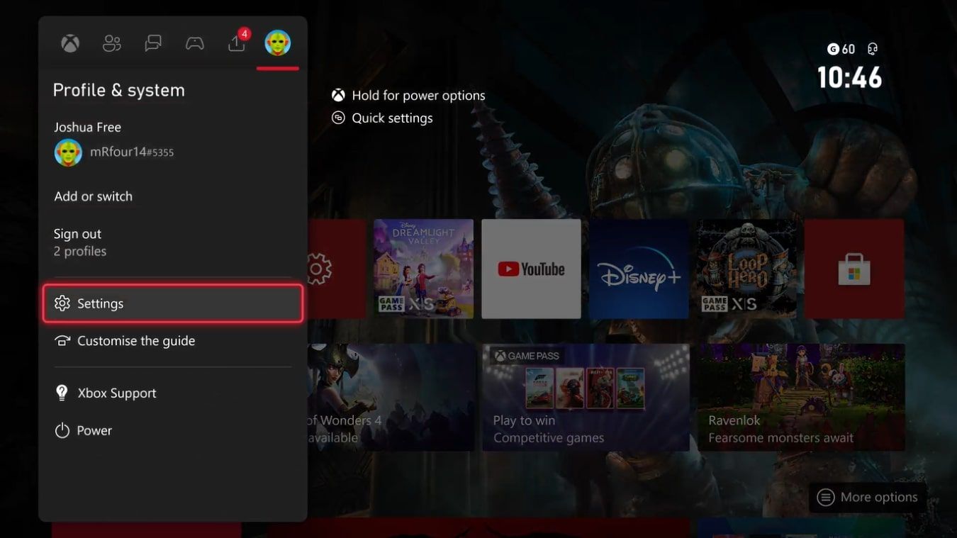 Меню гида Xbox: выделен раздел Profile & system и пункт Settings