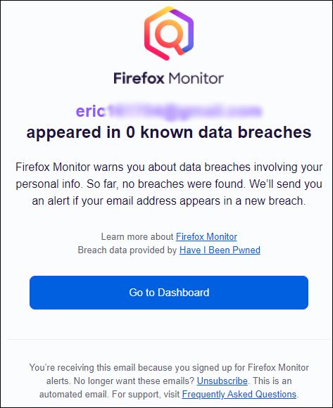 Подтверждающее письмо от Firefox Monitor