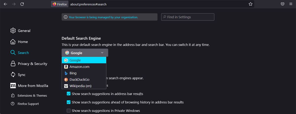 Настройки Firefox: выбор поисковой системы