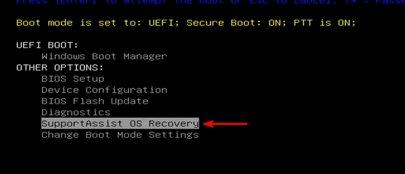 Пункт меню SupportAssist OS Recovery в загрузке системы