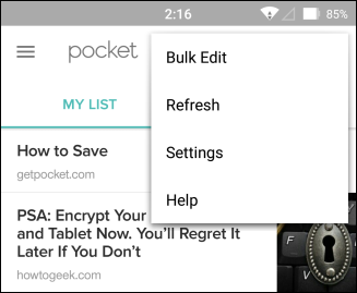 Меню на Android с опцией массового редактирования и настройками