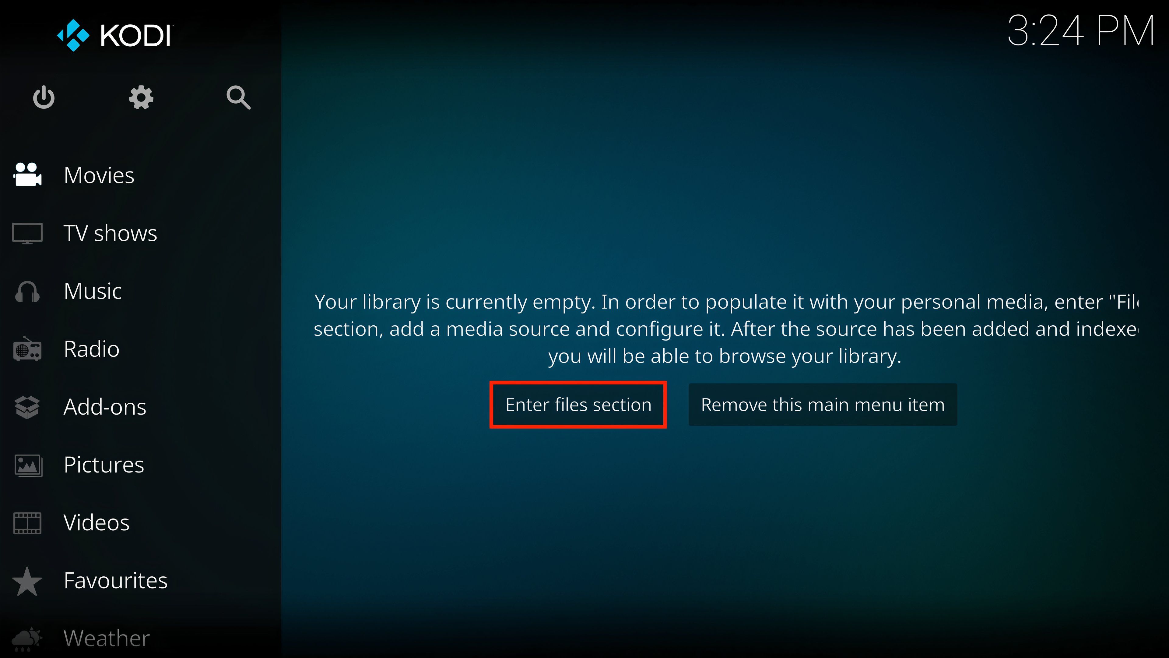 Экран Kodi для начала добавления источников медиа.