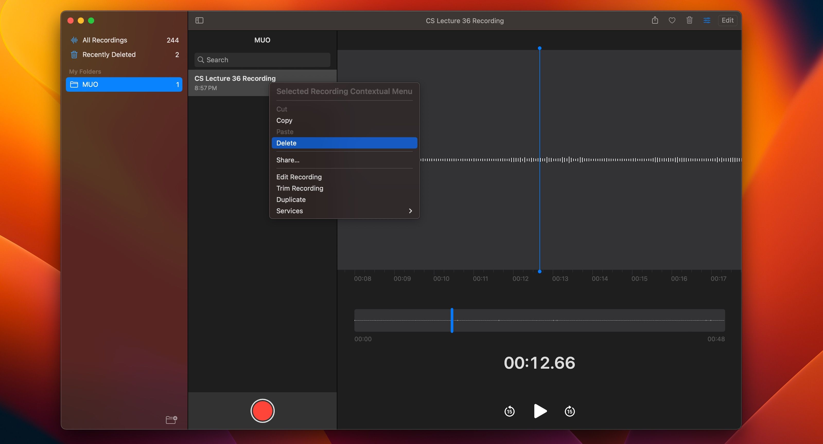 macOS Voice Memos app with the option to delete a voice memo visible