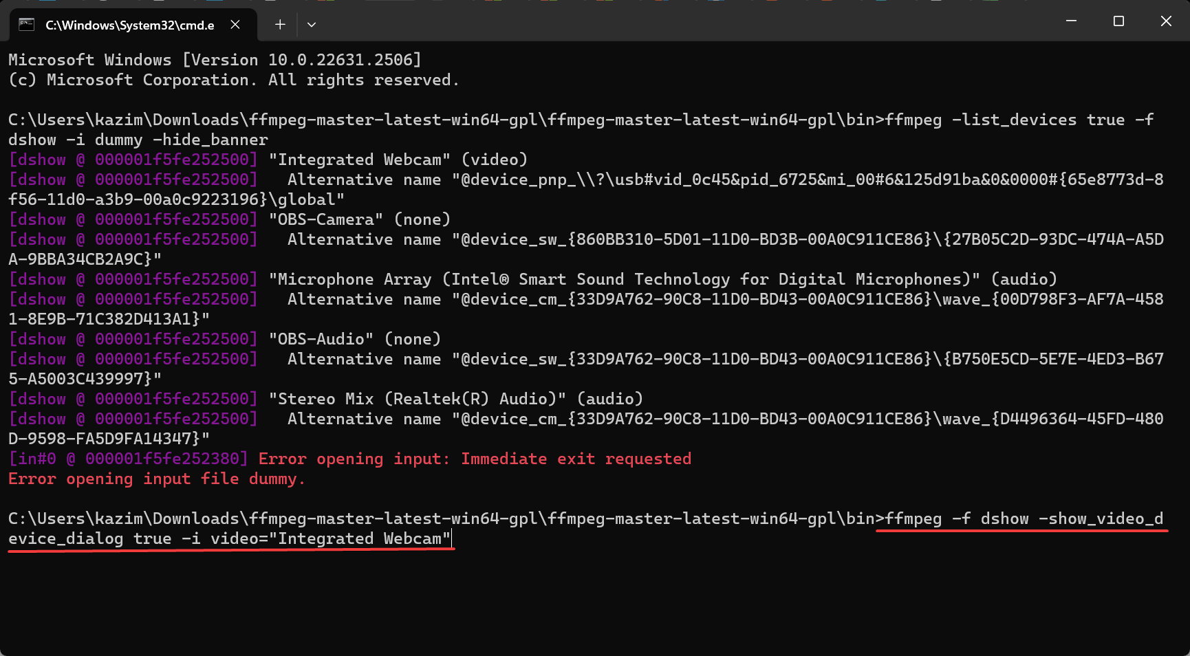 Окно свойств камеры Windows, вызванное FFMPEG