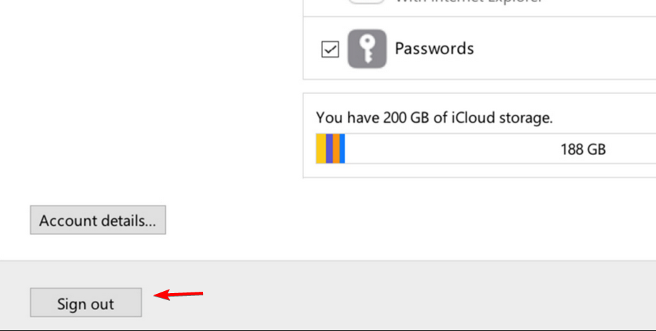 Кнопка «Выйти» в iCloud для Windows