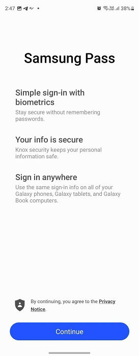 Настройка Samsung Pass с использованием учётных данных Samsung.