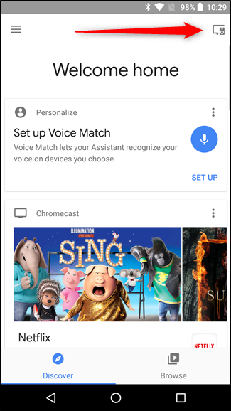 Экран на телефоне пользователя с кнопкой устройств и списком доступных Google Home