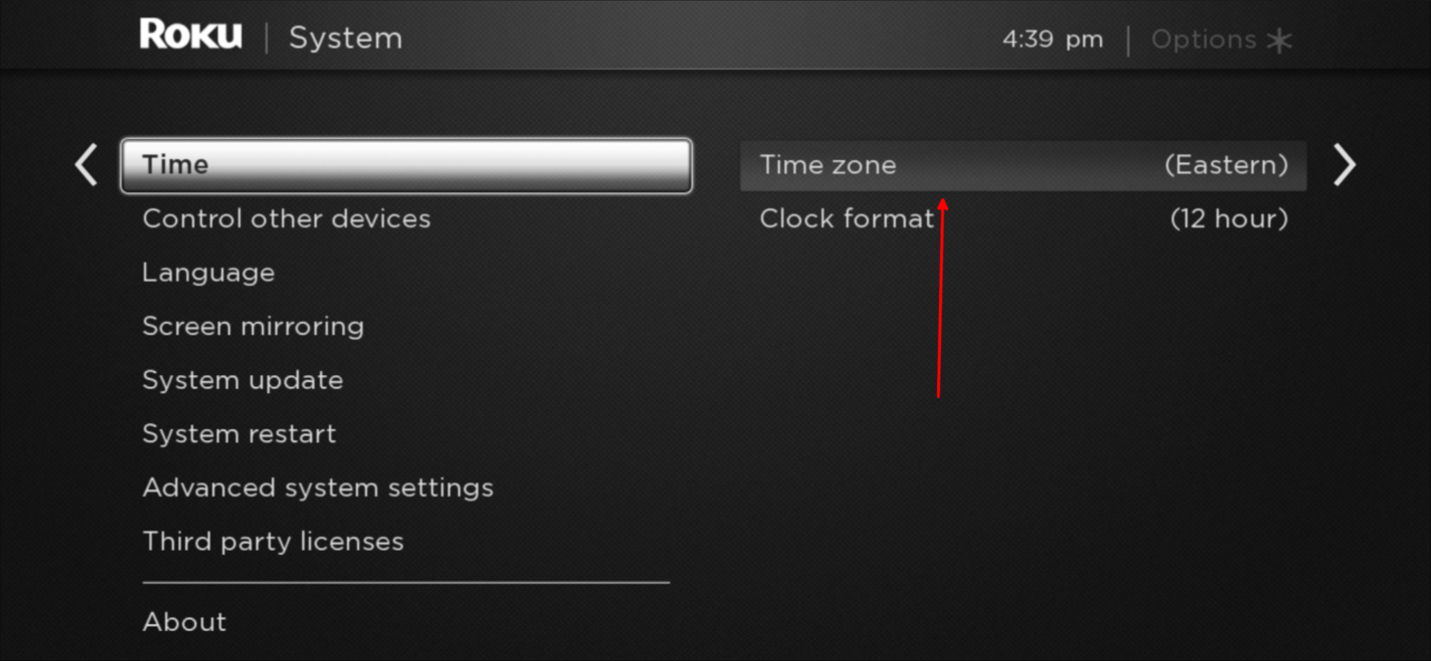 Выбор часового пояса на Roku