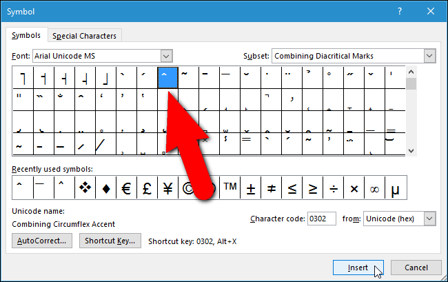 Выбор карета (U+0302) в таблице символов