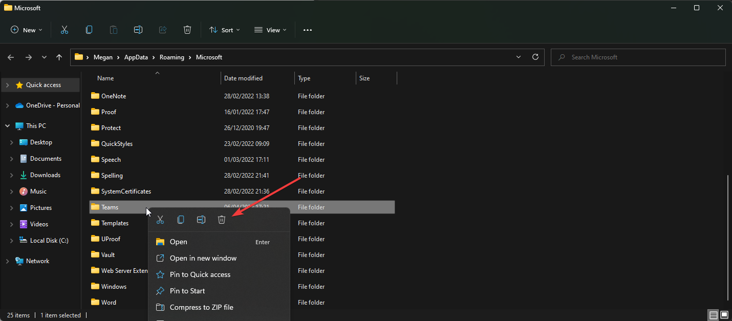Удаление кеша Teams.
