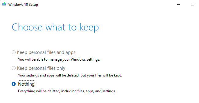 Выберите «Ничего» на экране «Что сохранять», чтобы стереть диск.
