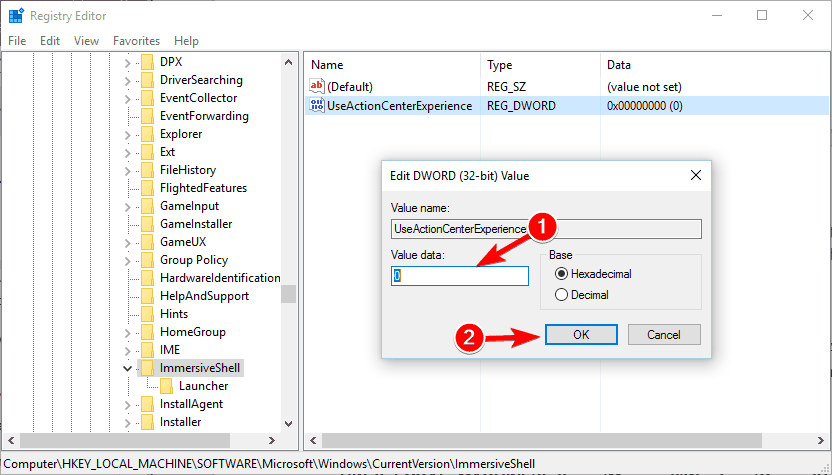 UseActionCenterExperience в реестре