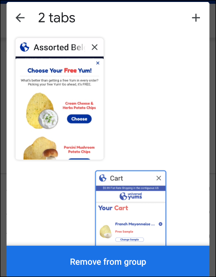 Удаление вкладки из группы — перетащите её в 'Удалить из группы'