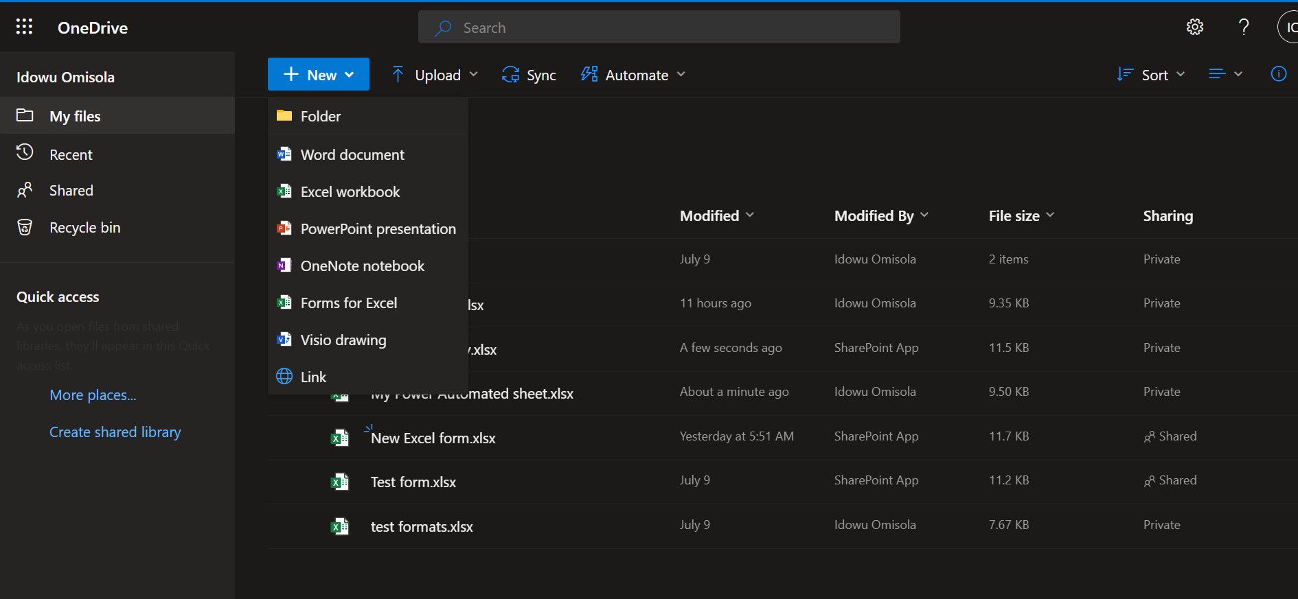 OneDrive с опцией создания Excel-книги