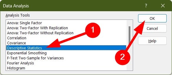 Выбор «Descriptive Statistics» в списке инструментов