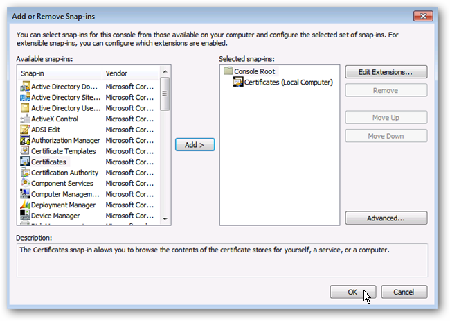 Просмотр локального хранилища сертификатов