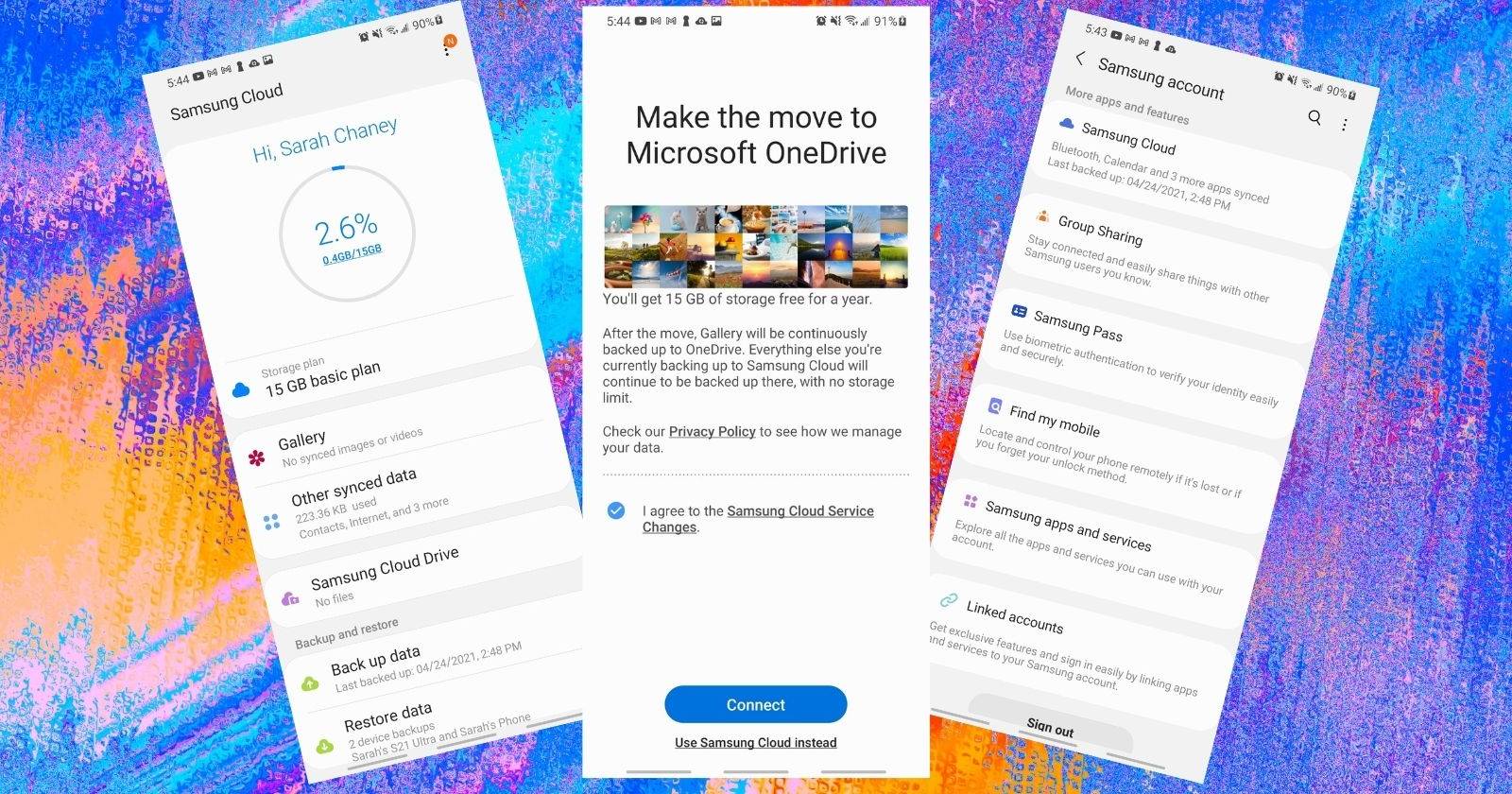 Скриншот телефона Samsung с уведомлением о переносе облачных данных