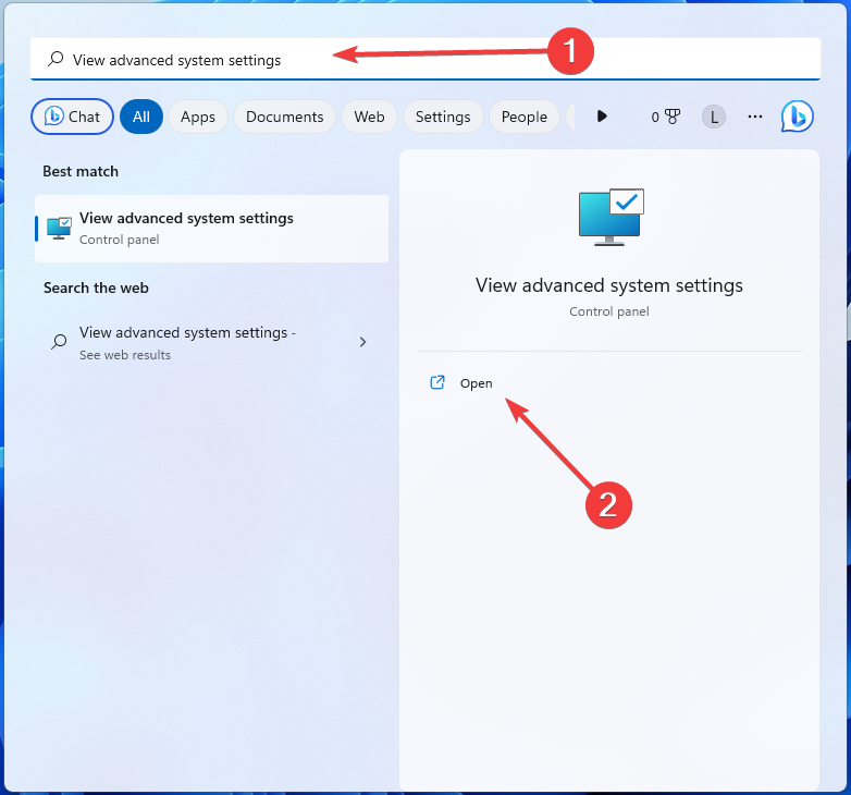 Поиск «Просмотр расширенных параметров системы» в Windows