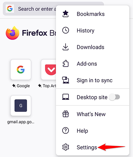 Пункт меню «Settings» в Firefox на Android