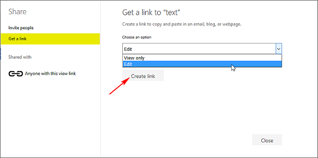 Скриншот: создание ссылки на общий ресурс в OneDrive
